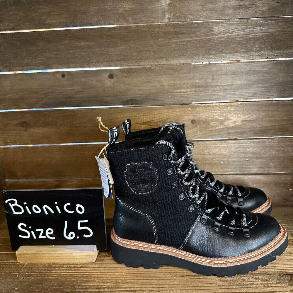 New Womens Bionica Darlene Black Leather Combat Ankle Boots Booties Size 6.5 M